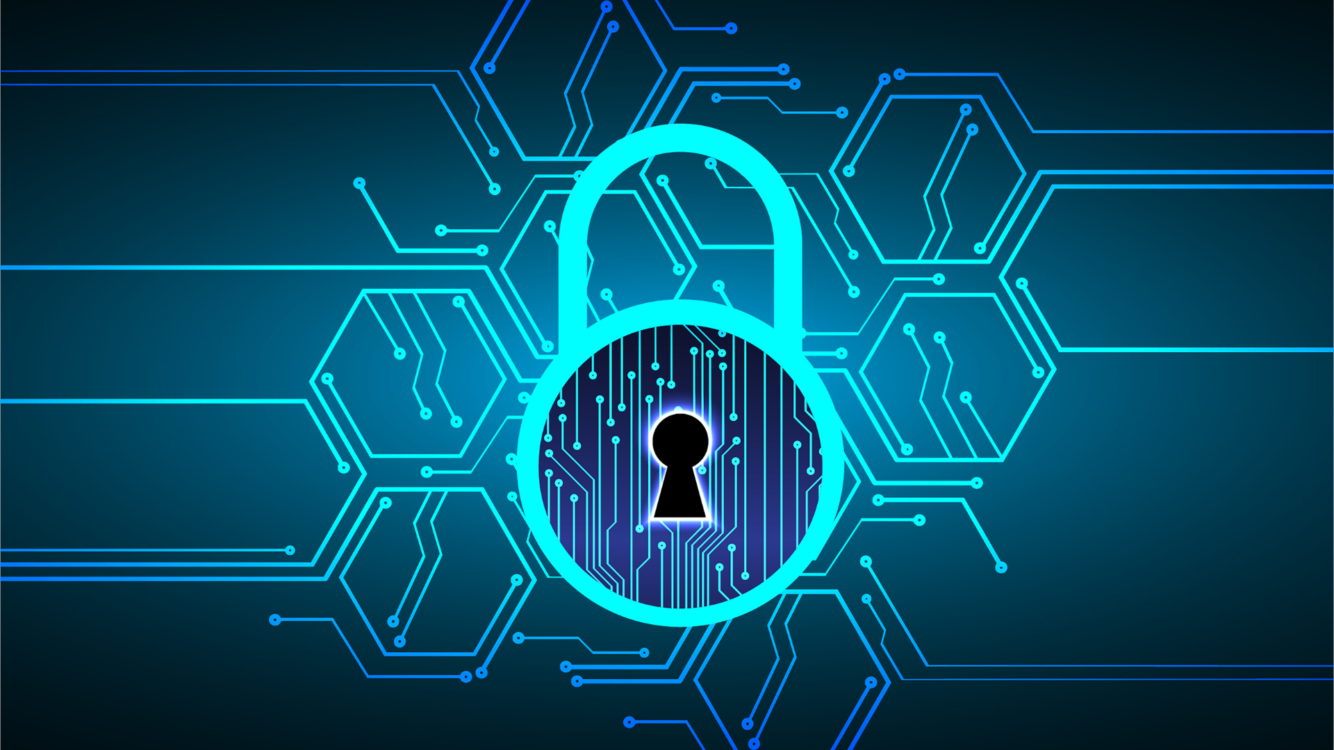 Cybersecurity padlock icon on a blue circuit board background.
