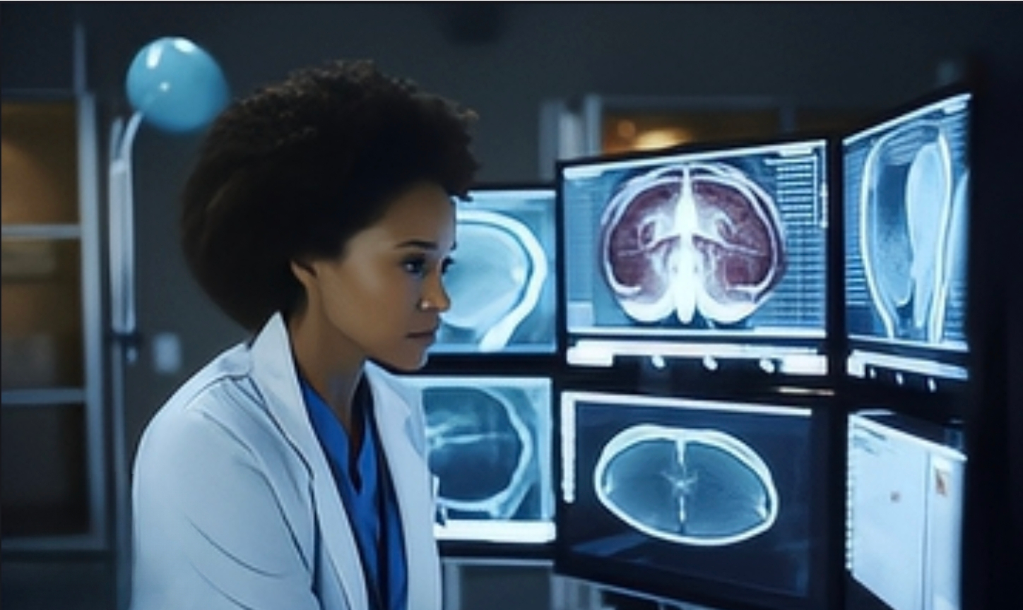 Doctor examines medical scans on multiple monitors in a modern medical setting.