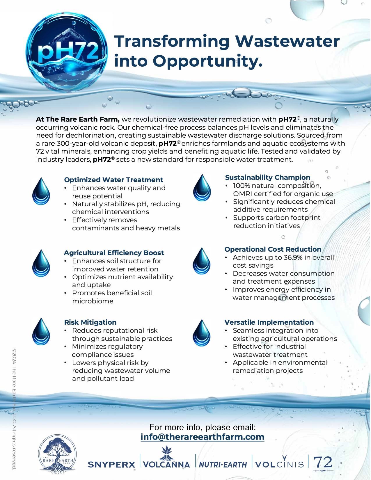 PH72 logo, transforming wastewater into opportunity, with water droplets and listed benefits.