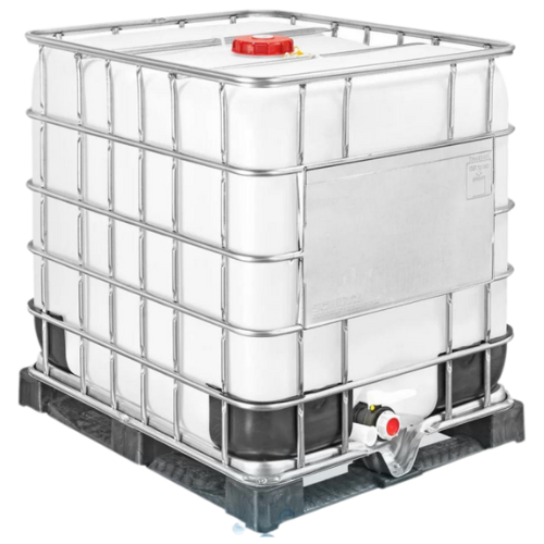 White industrial container on a black pallet, enclosed in a metal cage with red cap and valve.