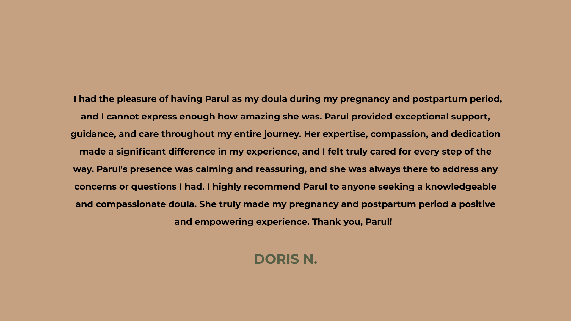 Testimonial on tan background: Doris N. praising Parnell for exceptional pregnancy support, guidance, compassion.