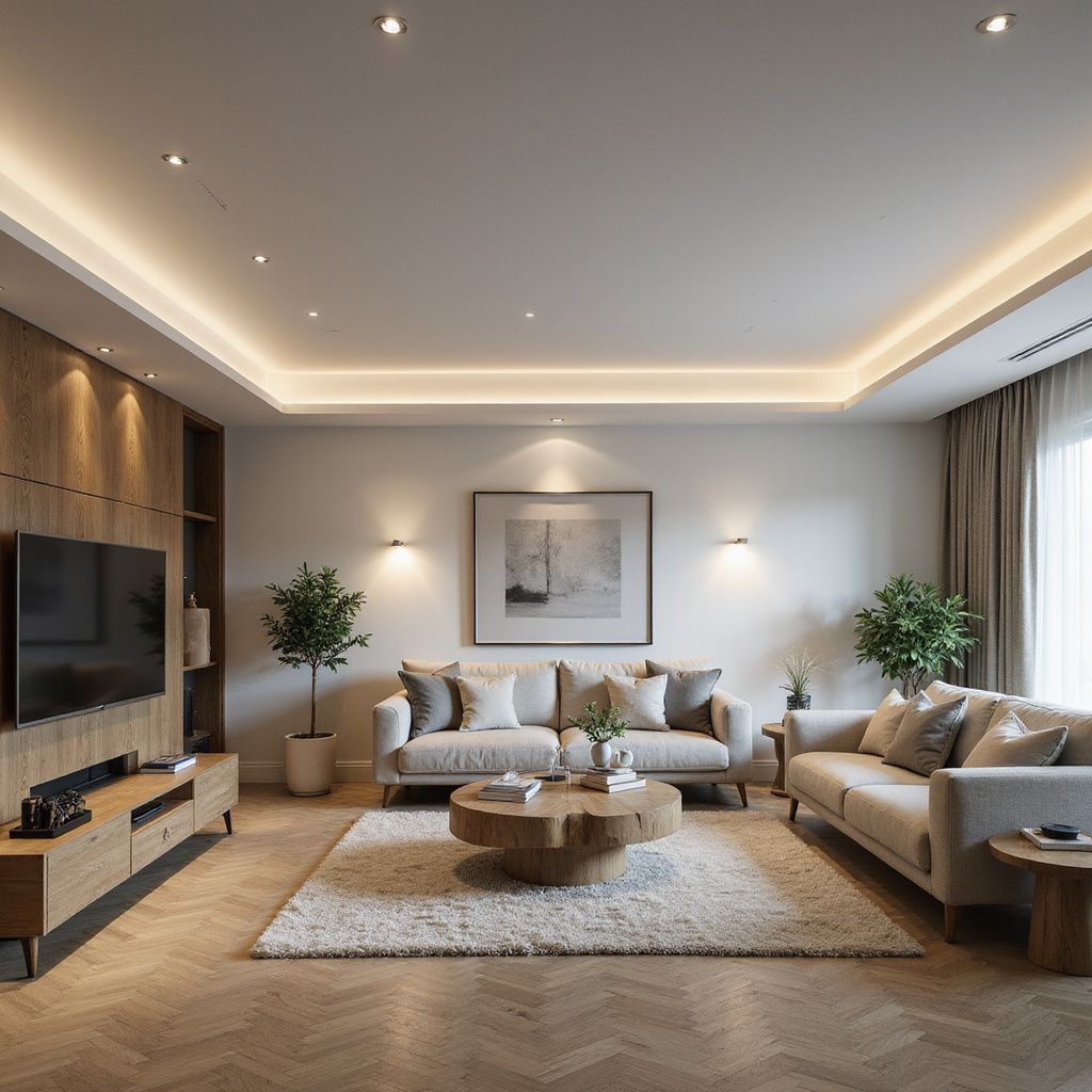 Living room with two sofas, a coffee table, and a TV; wood accents and neutral colors.
