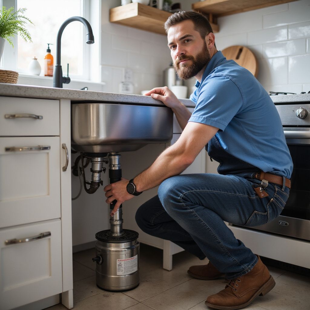 Plumber installs garbage disposal under a kitchen sink. He kneels, wearing blue shirt and jeans, looking at the camera.