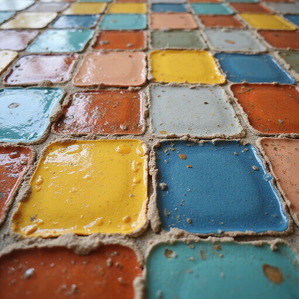 Colorful square tiles with visible grout, varying shades of orange, blue, and yellow.