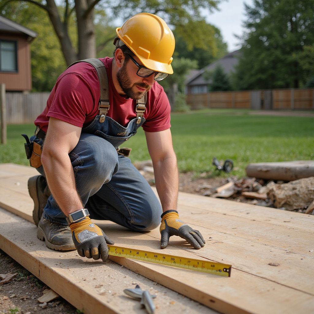Construction worker kneels, measuring wood planks with a tape measure outdoors, wearing a hard hat, overalls, and gloves.