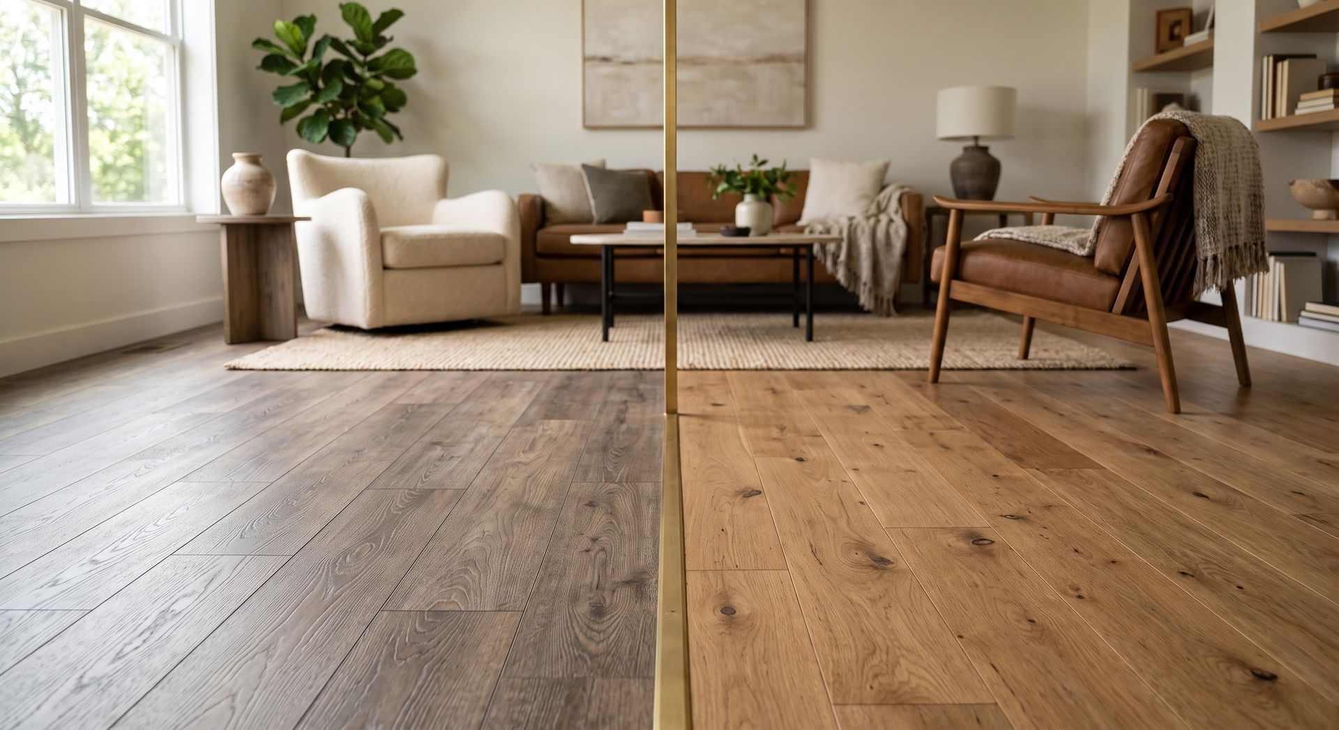 Split-view living room floor: gray wood on the left, warm wood on the right, with a bright modern seating area beyond.