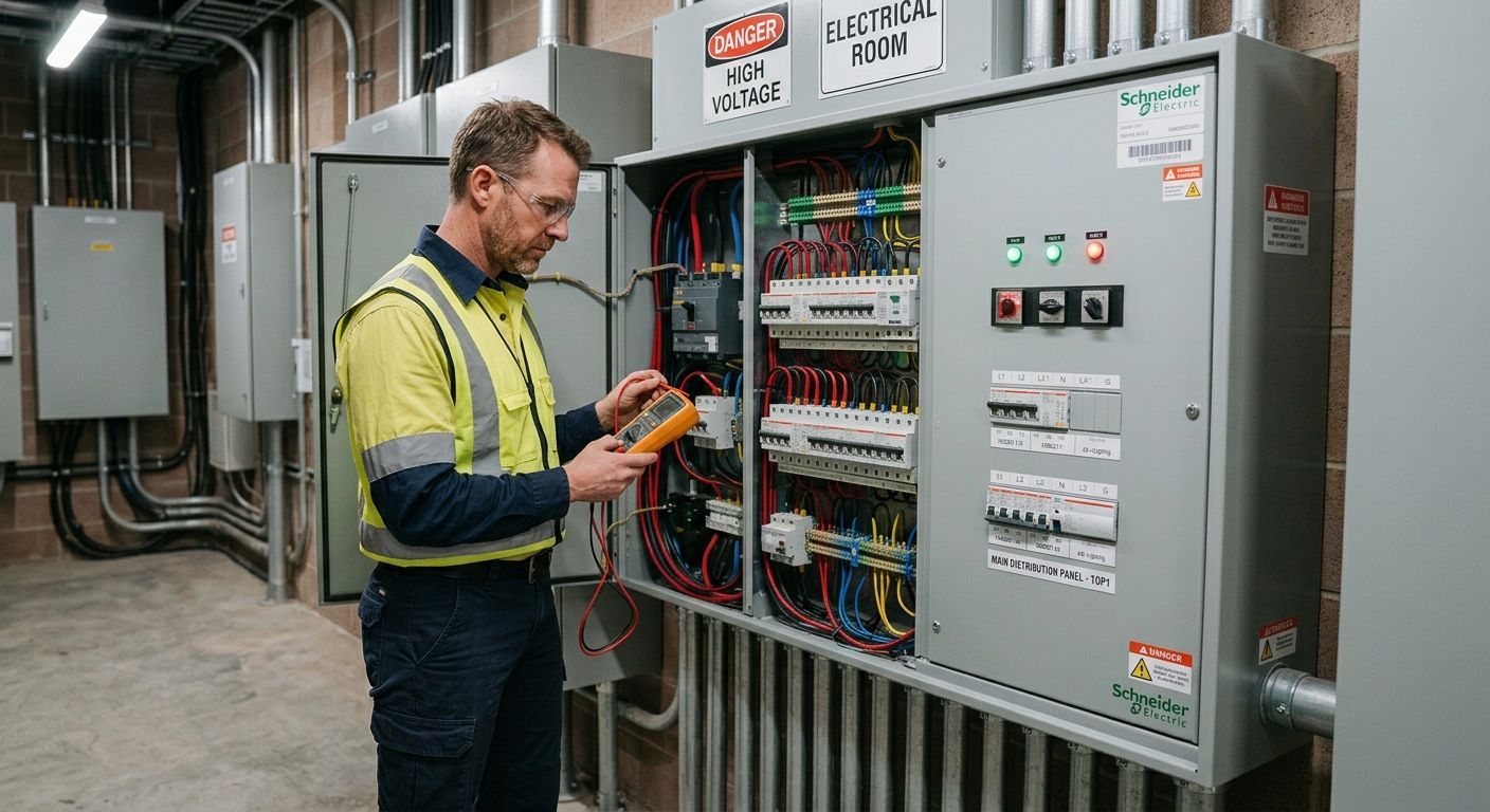 Technician inspecting an open electrical control panel with a multimeter in an industrial setting