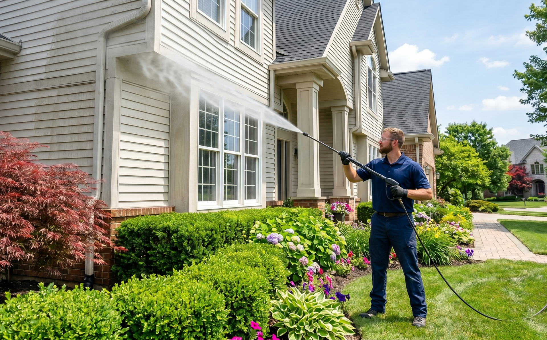 Man using a pressure washer to clean the siding of a suburban house with shrubs and flowers in front