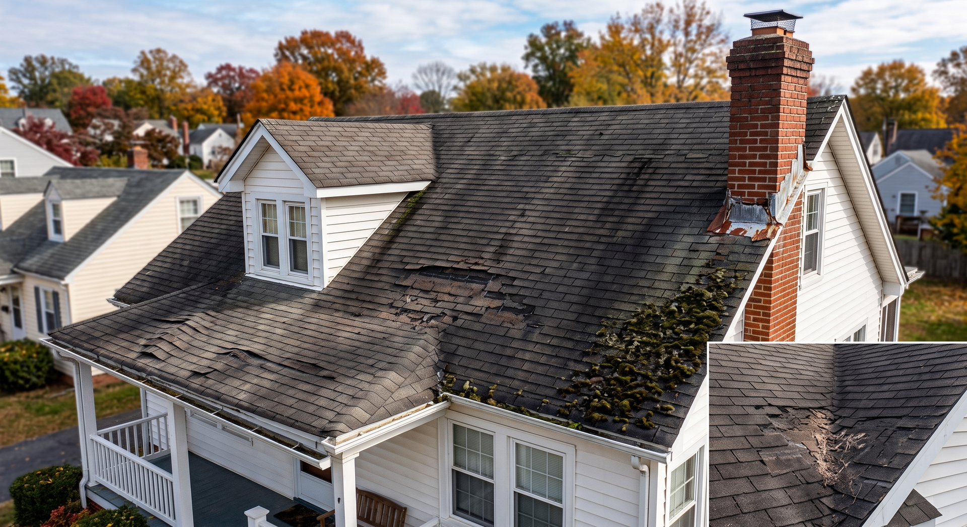 Aerial view of a house with a dark, weathered shingled roof and a chimney, with an inset close-up of roof damage.