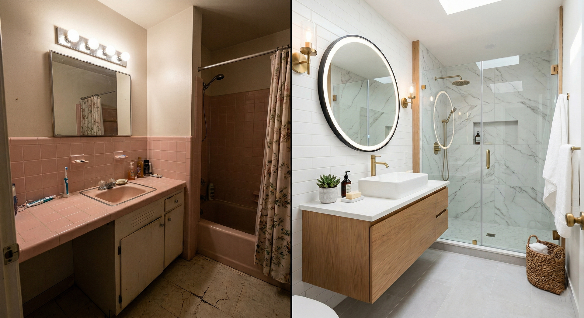 Modern bathroom with pink vanity, round mirror, and glass walk-in shower with marble accents