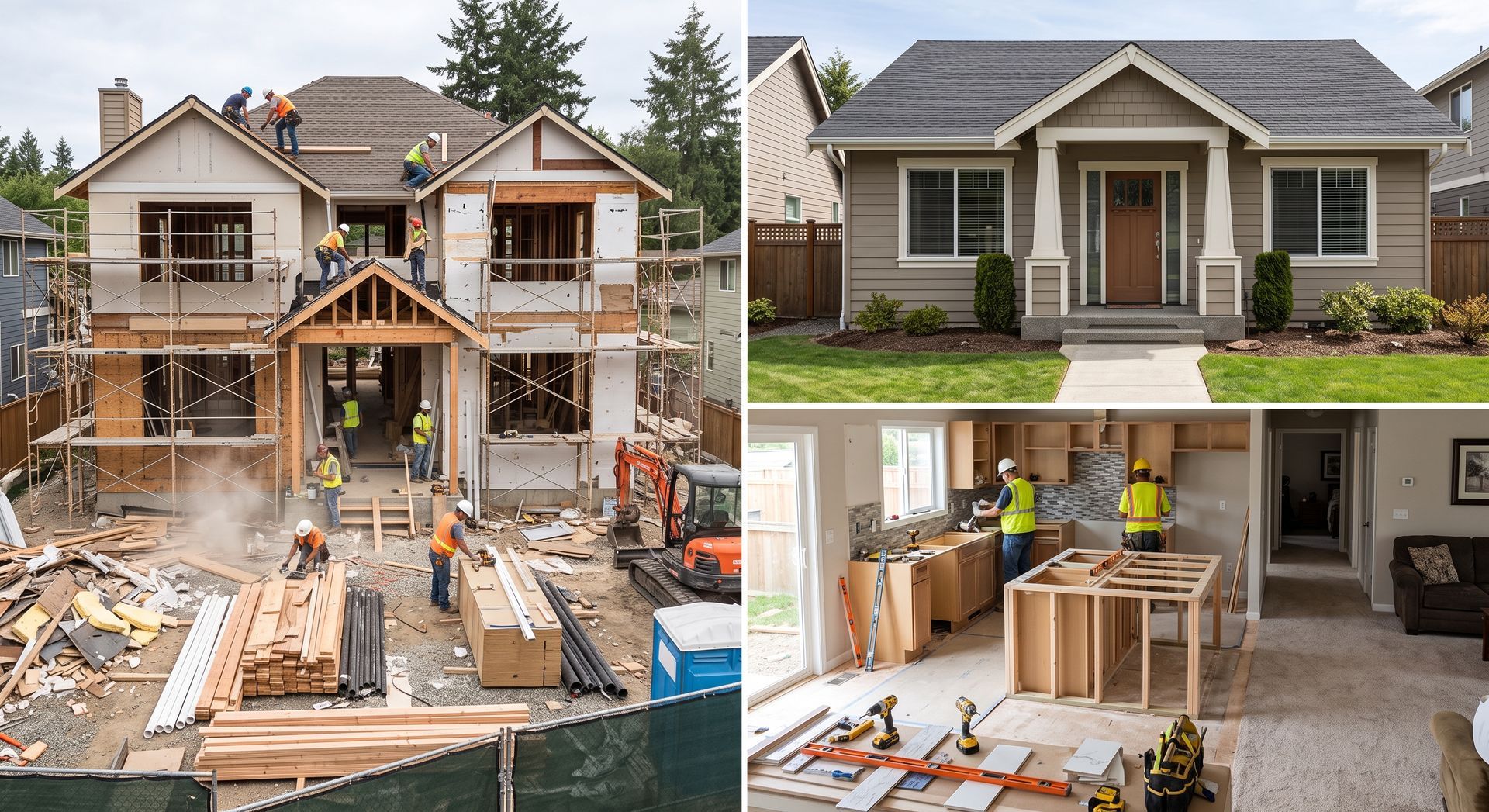 Split view of a house renovation: exterior construction site, finished facade, and kitchen work in progress