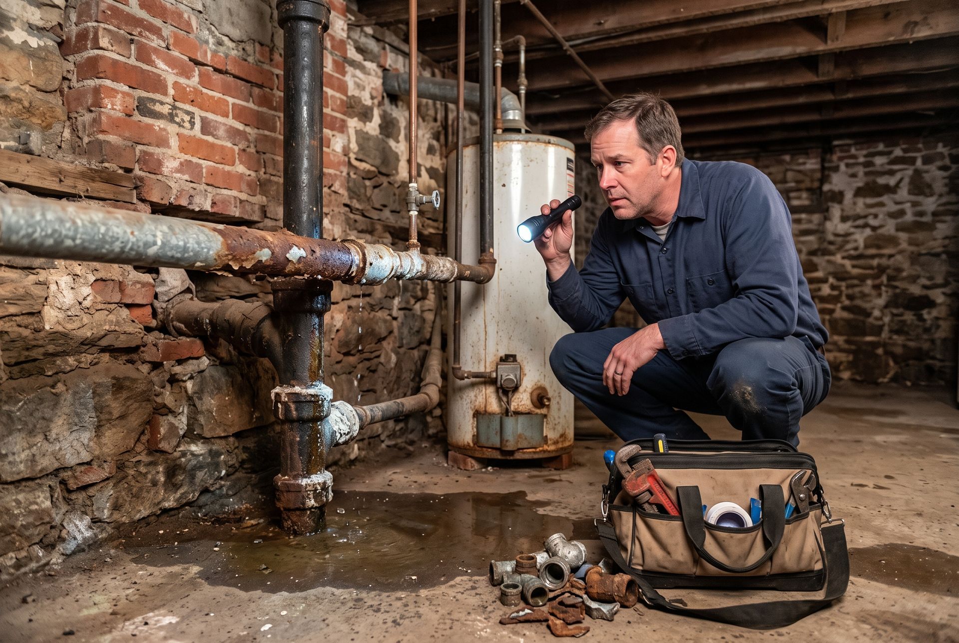 Plumber inspecting leaking pipes in a brick basement with tools on the floor