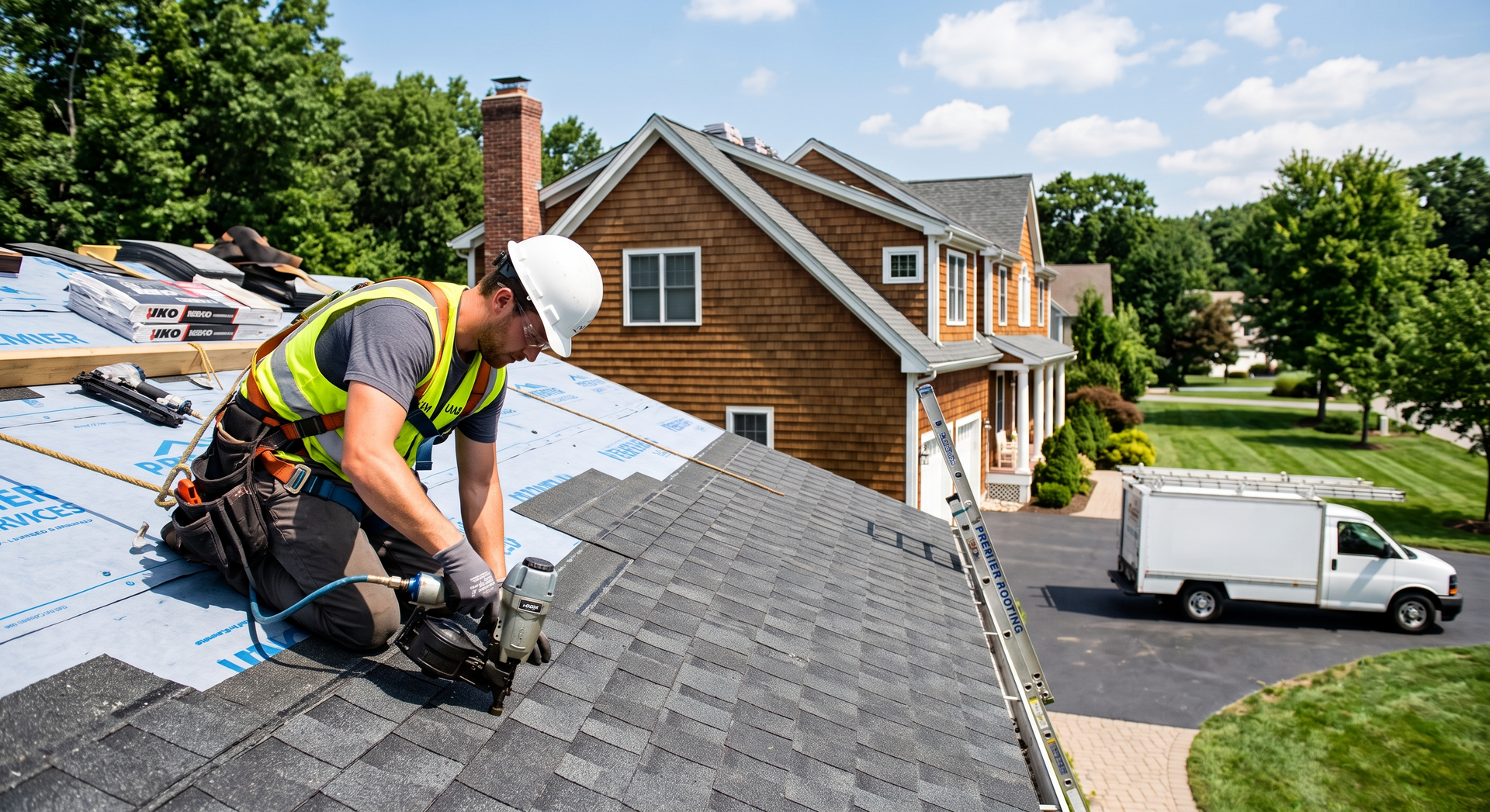 Worker installing shingles on a roof beside a brick house and white van on a sunny day