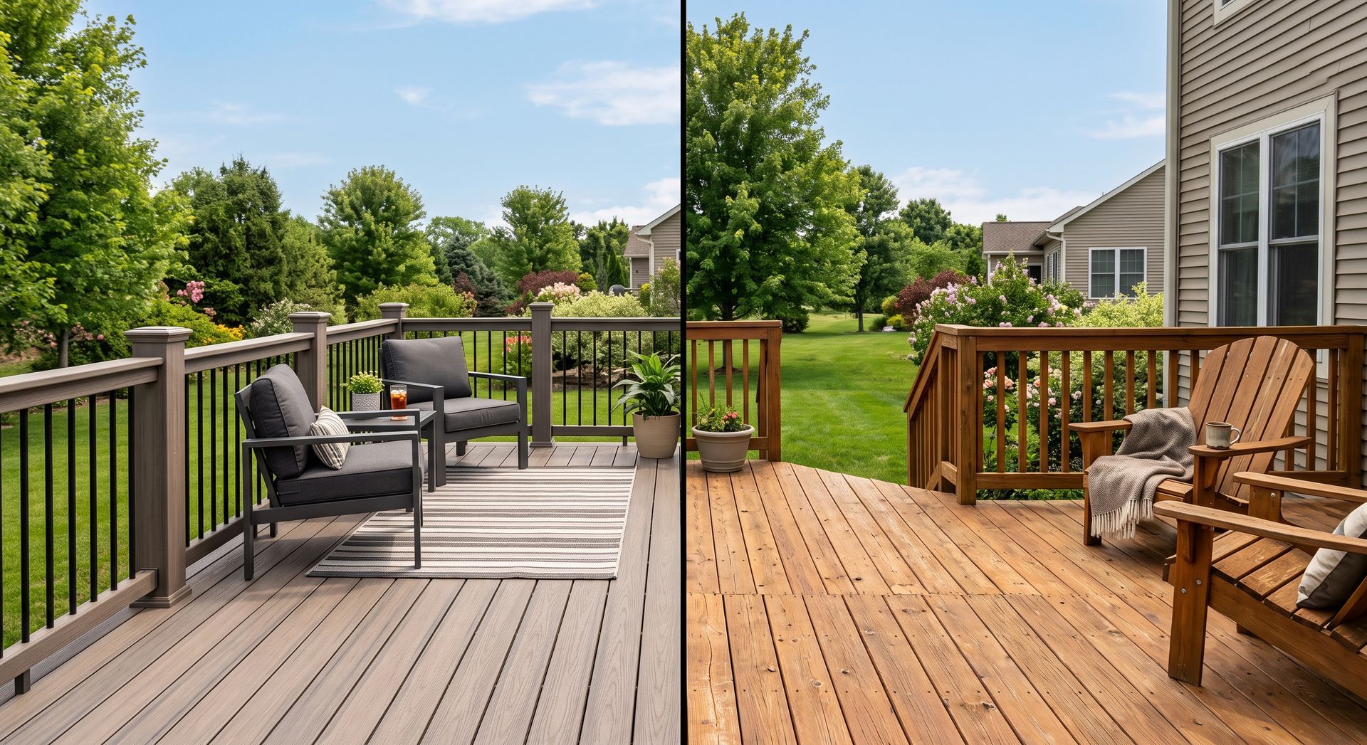 Backyard deck with outdoor seating, railing, and a grassy yard under a bright sky