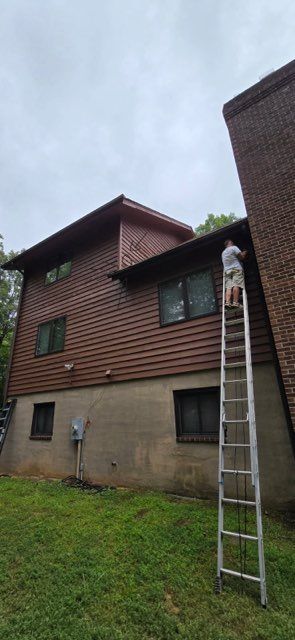 White ladder leaning against a brown house with a gray foundation and green lawn under a cloudy sky