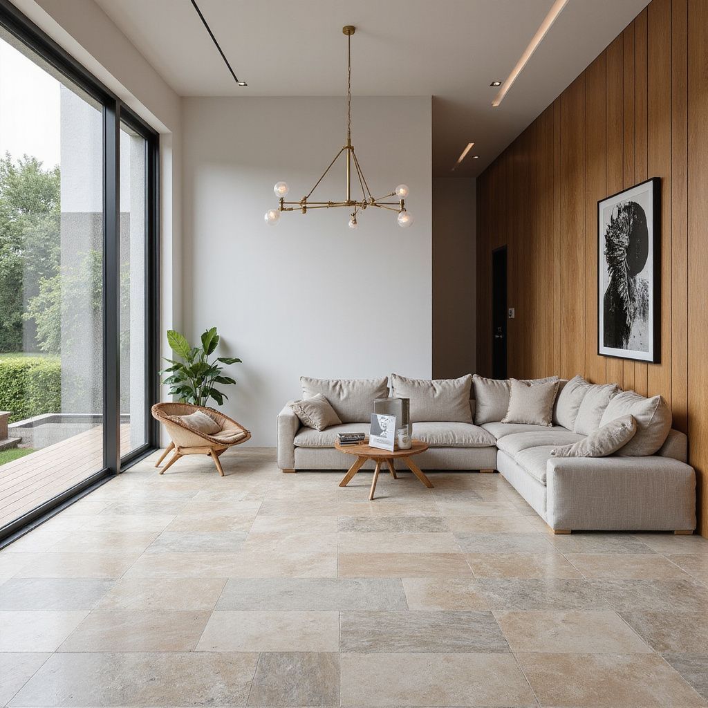 Living room with beige sectional sofa, wood paneling, large windows, stone floor, and a modern chandelier.