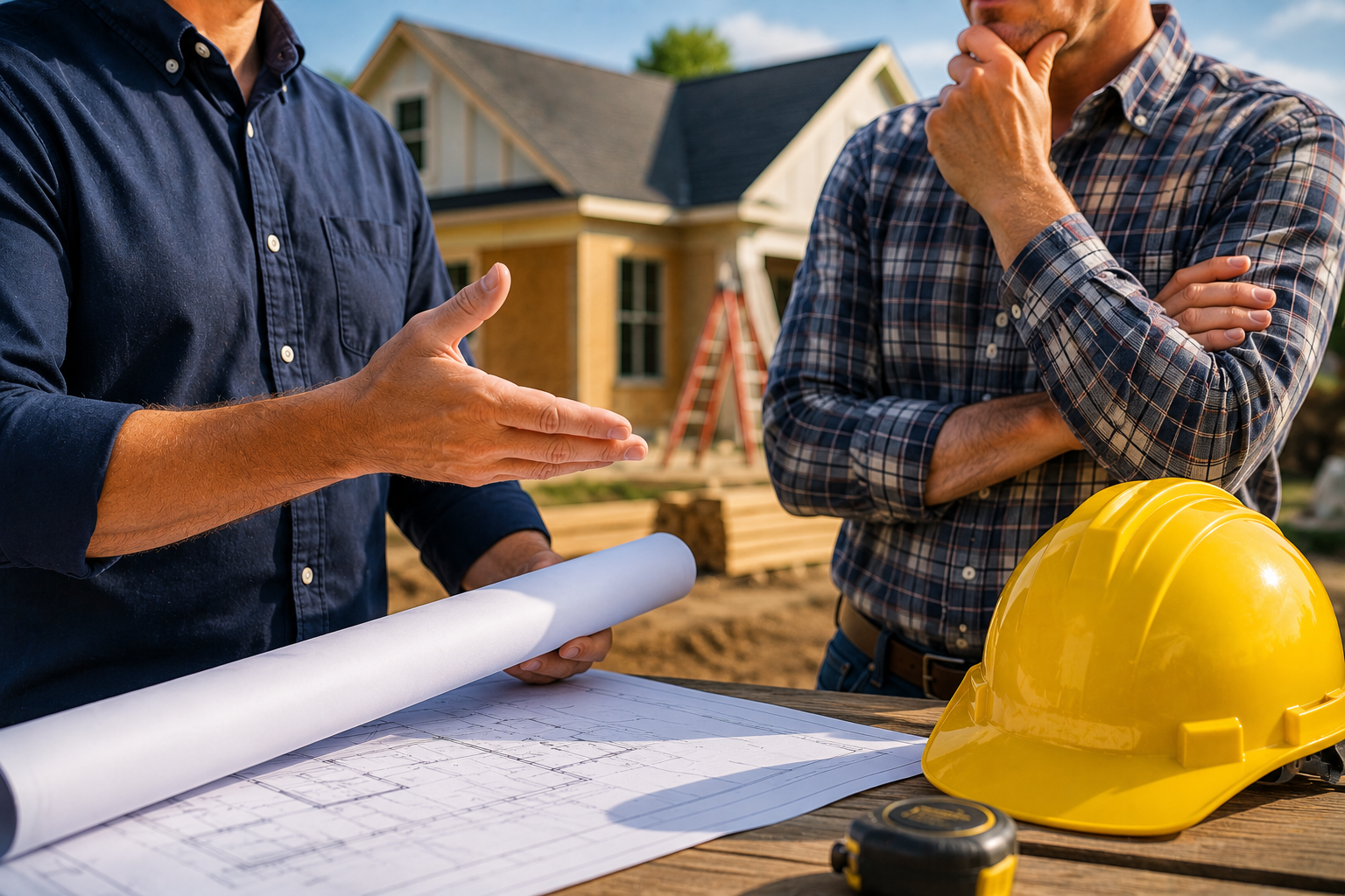 Two workers discuss blueprints at a house construction site, with a yellow hard hat on the plans.