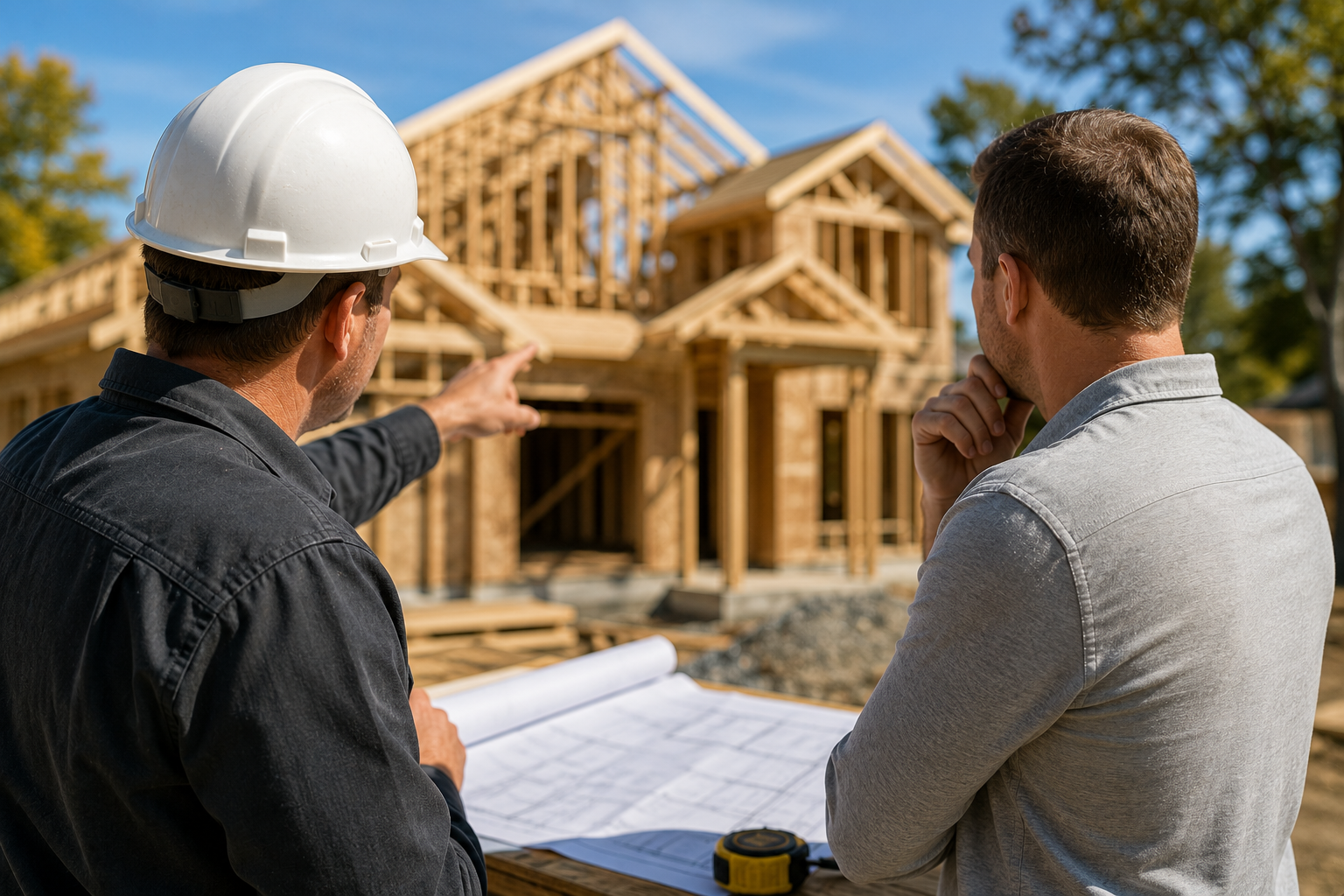 Two construction workers reviewing blueprints beside a wooden house frame under construction