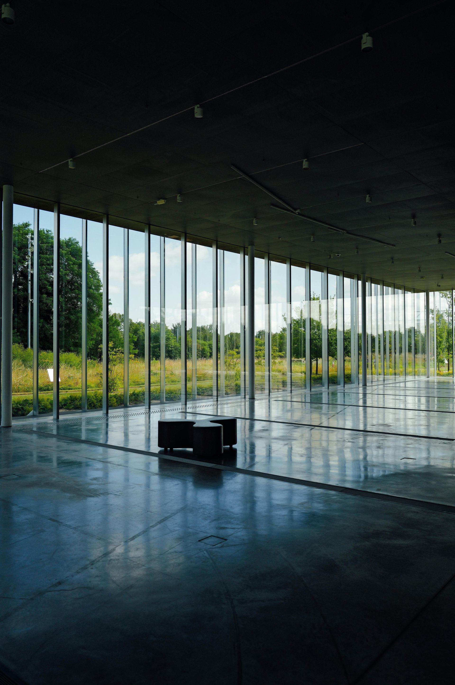 Empty modern glass pavilion with floor-to-ceiling windows overlooking greenery and a reflective floor
