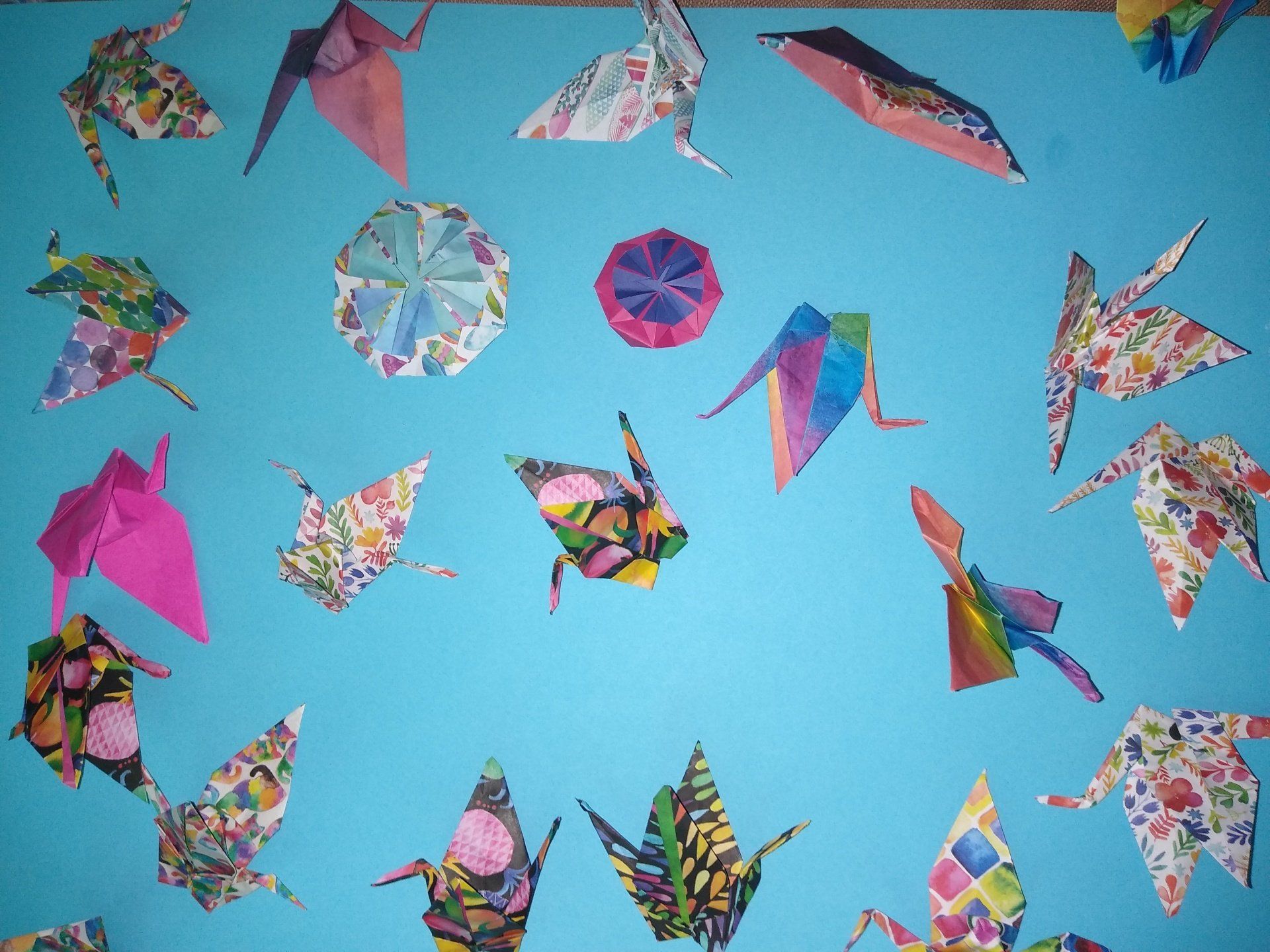 Een verscheidenheid aan kleurrijke, gedessineerde papieren origami-kraanvogels en twee ronde medaillons, geplaatst op een effen blauwe achtergrond.