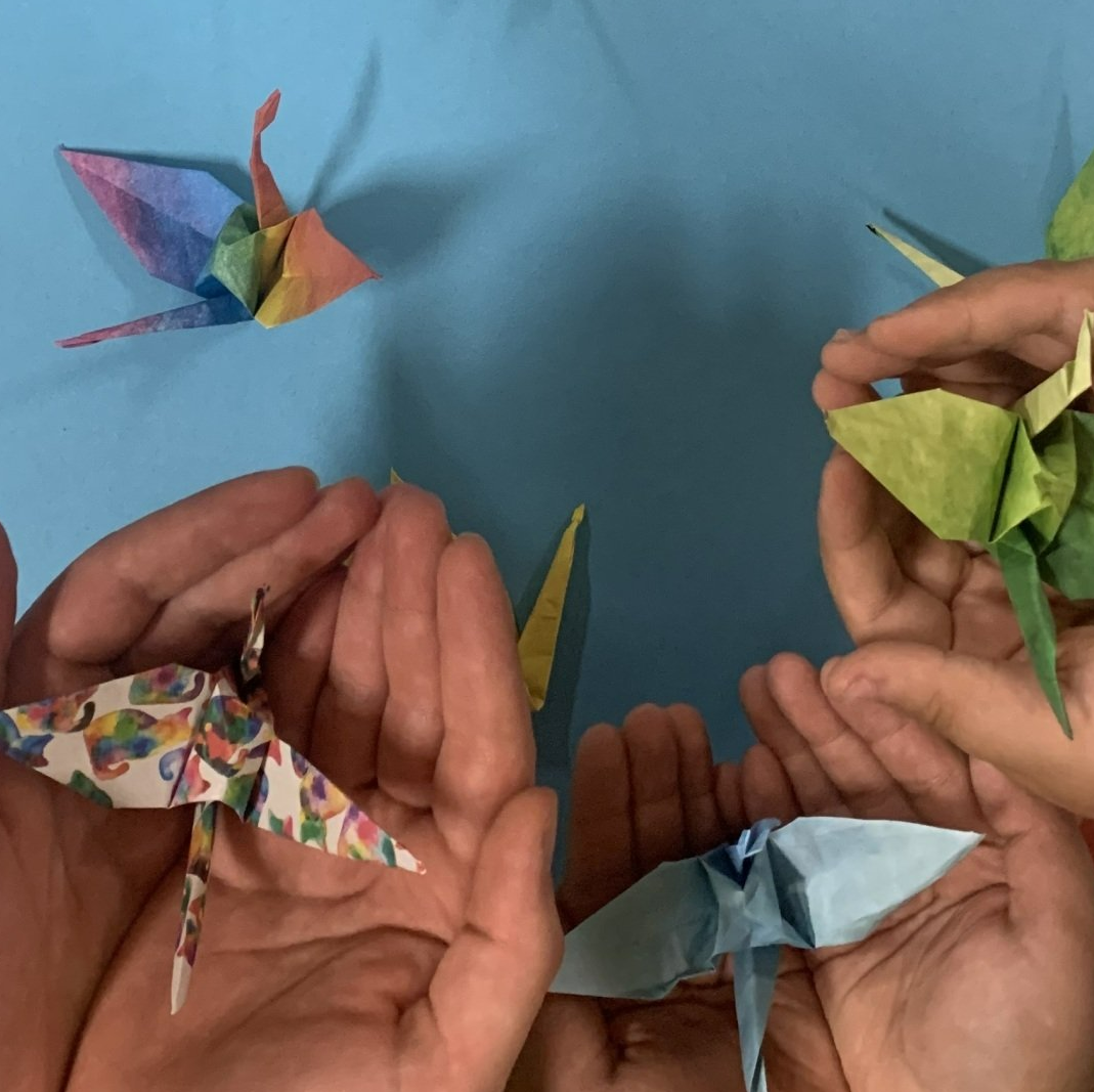 Vier handen houden delicate origami-kraanvogels in verschillende kleuren vast tegen een lichtblauwe achtergrond.