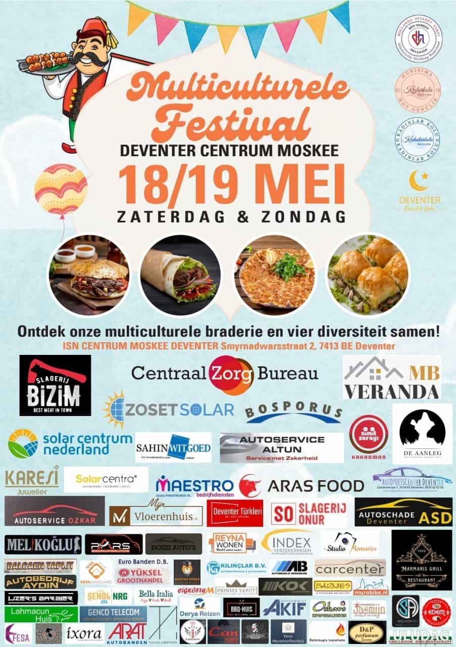 Flyer voor het multiculturele festival van de Deventer Centrum Moskee op 18 en 19 mei, met afbeeldingen van eten en logo's van sponsors.