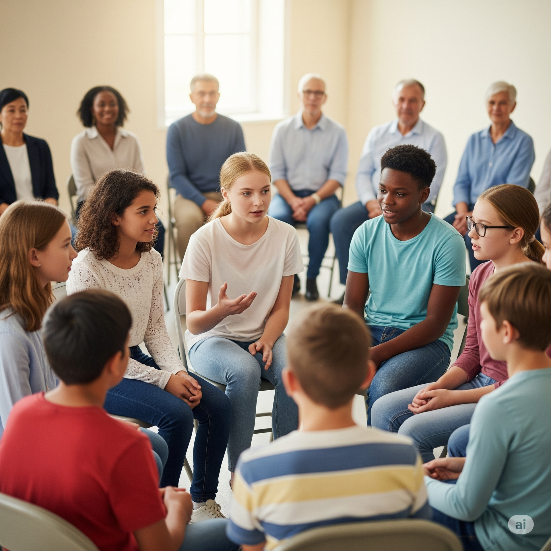 Een diverse groep mensen zit binnen in een kring en voert een discussie tijdens een vergadering of ondersteuningssessie.