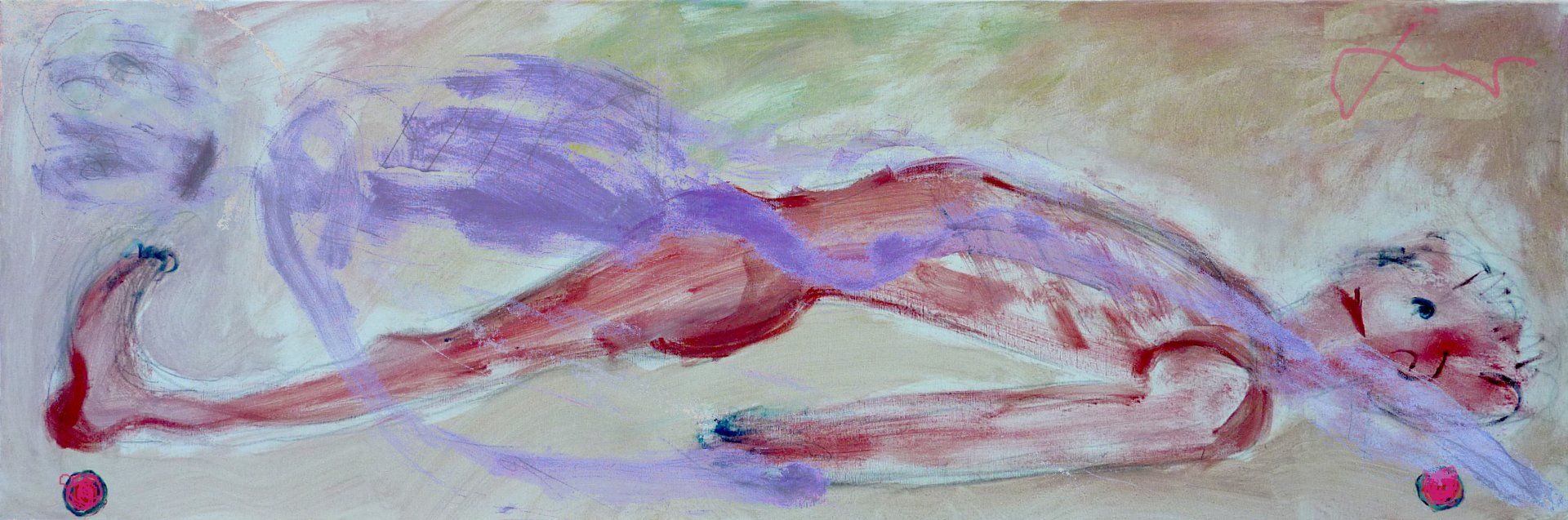 Een schilderachtige, horizontale figuur ligt achterover, geschetst in roodbruine tinten met een zwierige, paarse abstracte overlay.