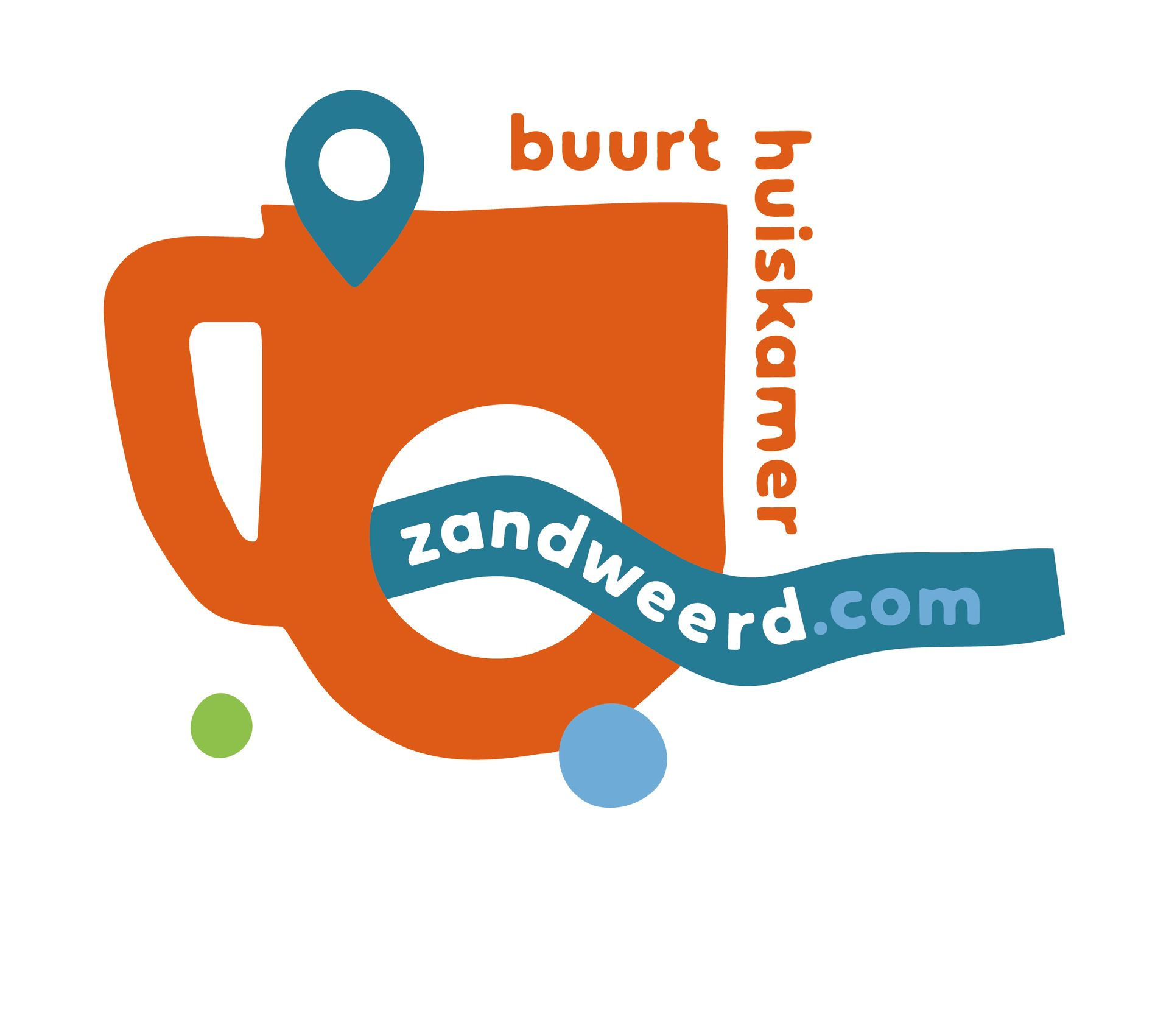 Logo for Buurthuiskamer Zandweerd: an orange mug with a blue map pin and a blue ribbon featuring the website URL.