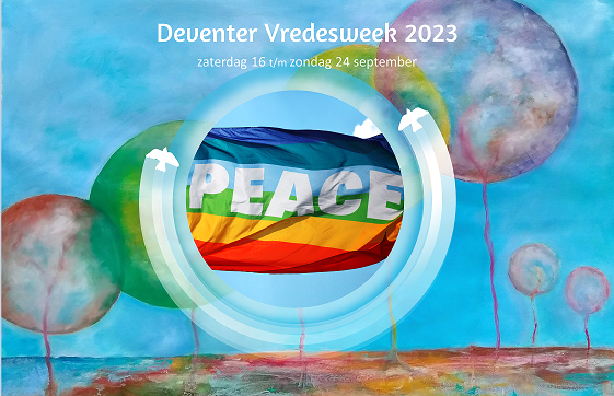 Poster voor de Vredesweek 2023 in Deventer met een cirkelvormige