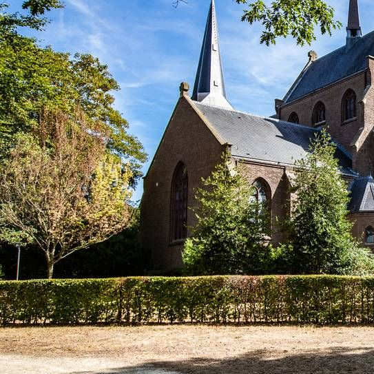 Een bakstenen kerk met een spitse torenspits staat achter een keurig gesnoeide haag en bomen onder een helderblauwe hemel.