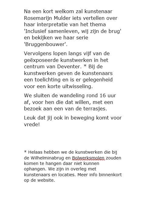 Tekst met details over een begeleide kunstwandeling in Deventer, inclusief presentaties van kunstenaars en updates over de kunstlocaties.