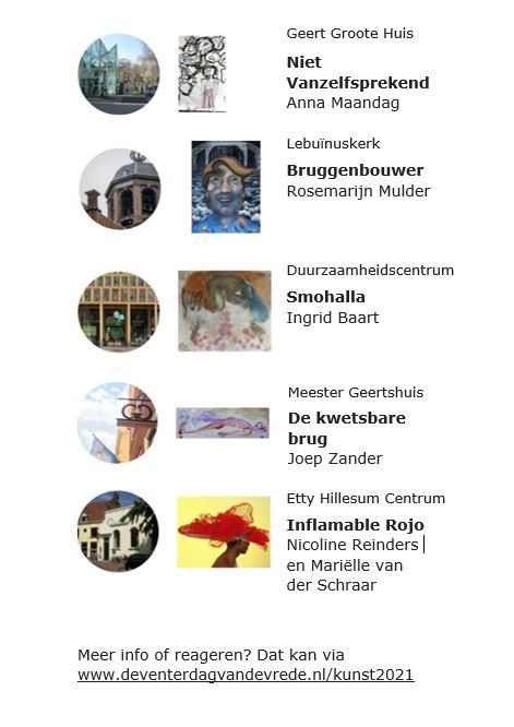 Een lijst van vijf kunstinstallaties met hun locaties en kunstenaars, met onderaan een link naar deventerdagvandevrede.nl/kunst2021.