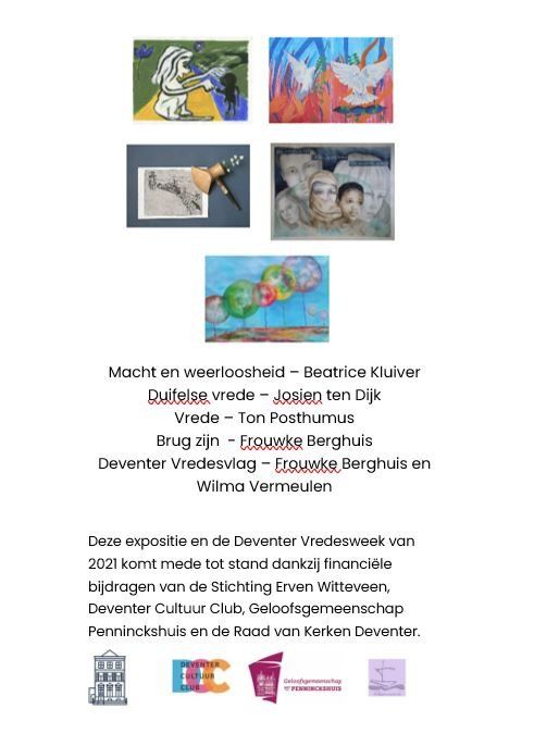Een tentoonstellingsposter met vijf kunstwerken, een lijst met namen van kunstenaars, informatie over het evenement en logo's van sponsors in Deventer.