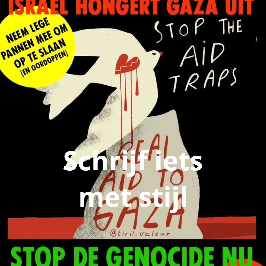 Een protestposter met een bloedende duif boven een zak met het opschrift