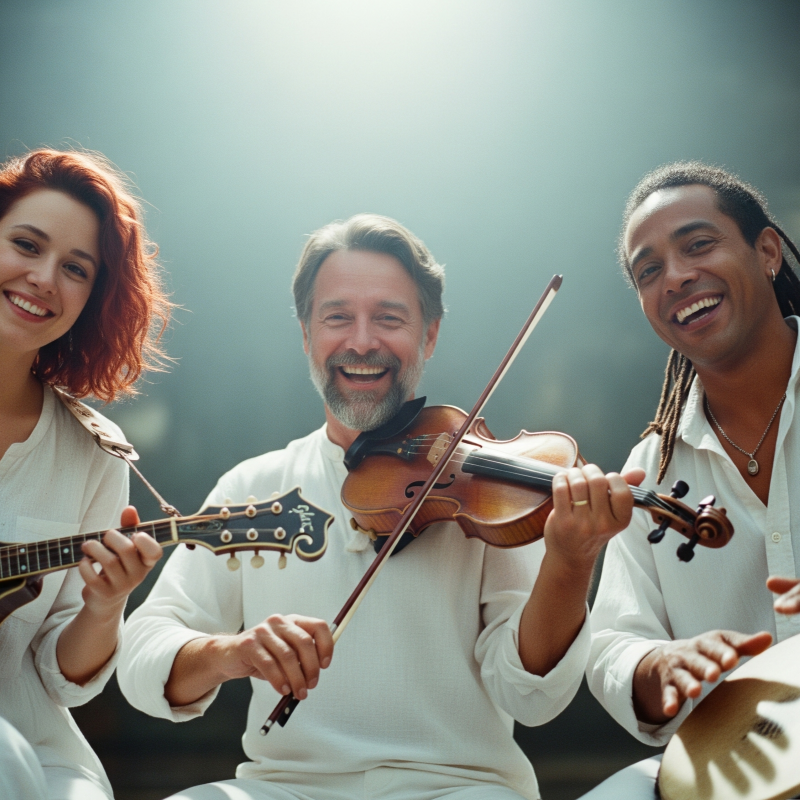 Drie muzikanten in witte overhemden glimlachen terwijl ze mandoline, viool en drums bespelen in een felverlichte, ietwat wazige omgeving.