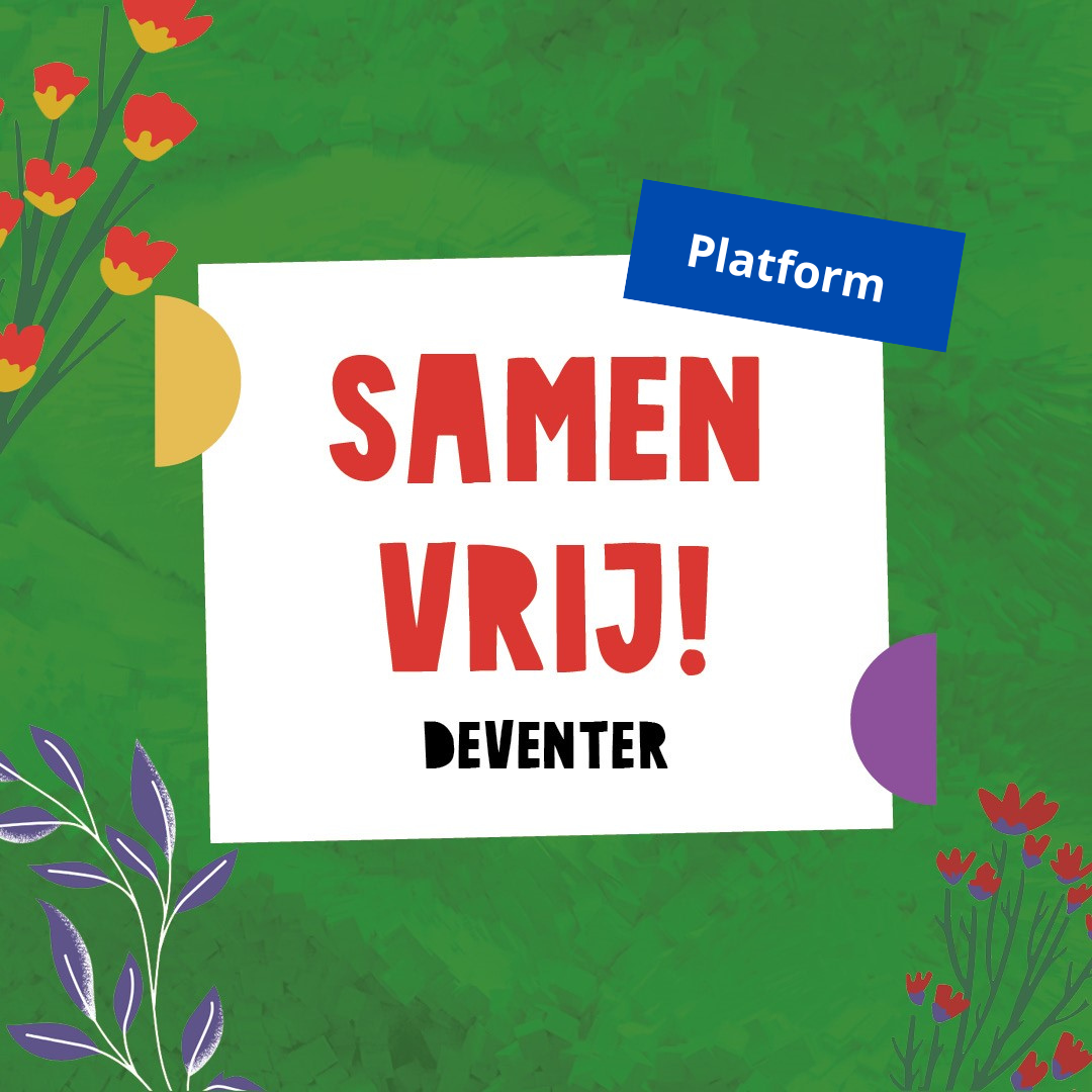 Een groene afbeelding met rode en paarse bloemen, een centraal wit vierkant met de tekst