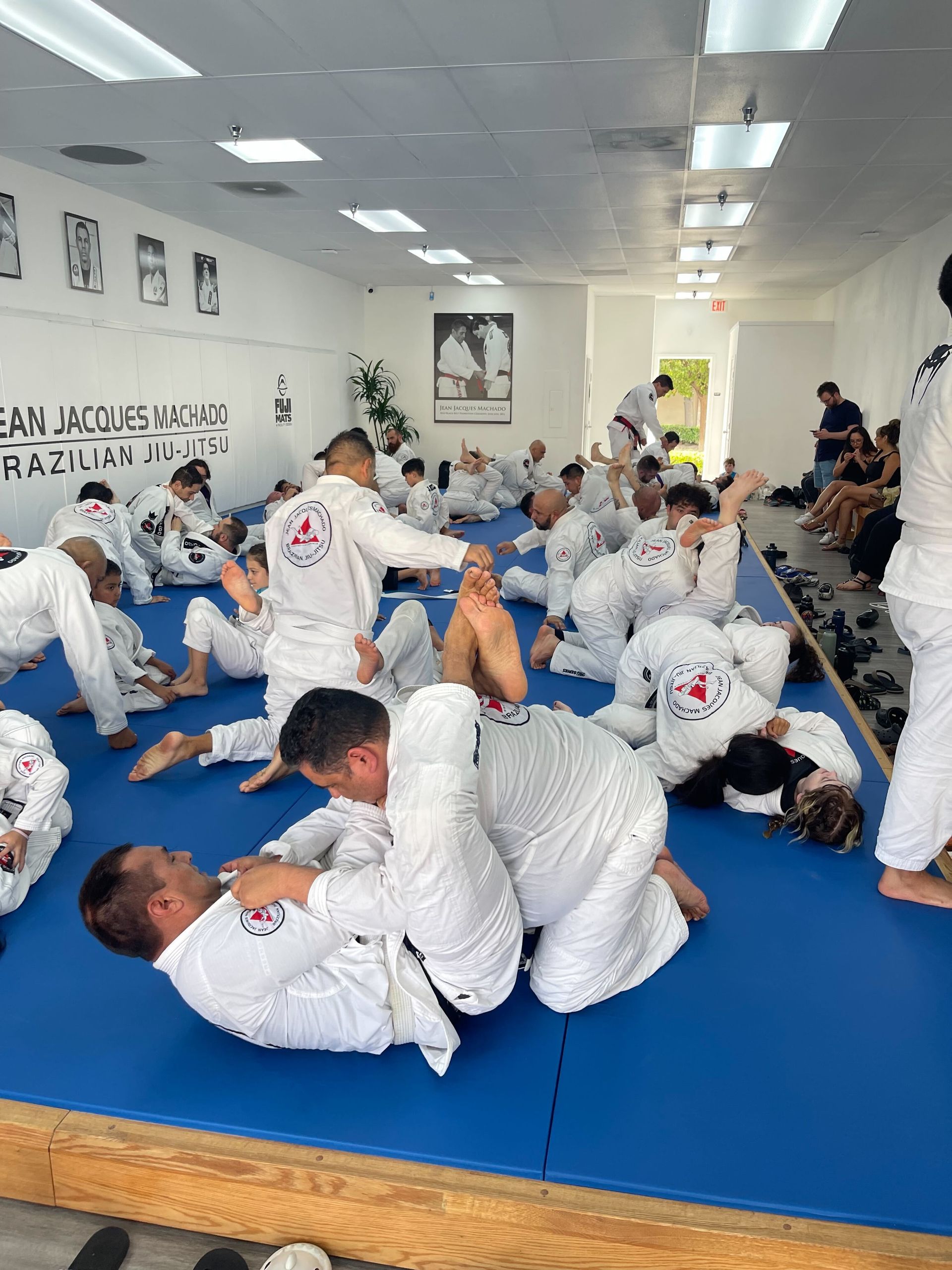 Adults practicing Brazilian jiu-jitsu drills at Jean Jacques Machado Jiu-Jitsu Fresno in Fresno, CA to build focus.