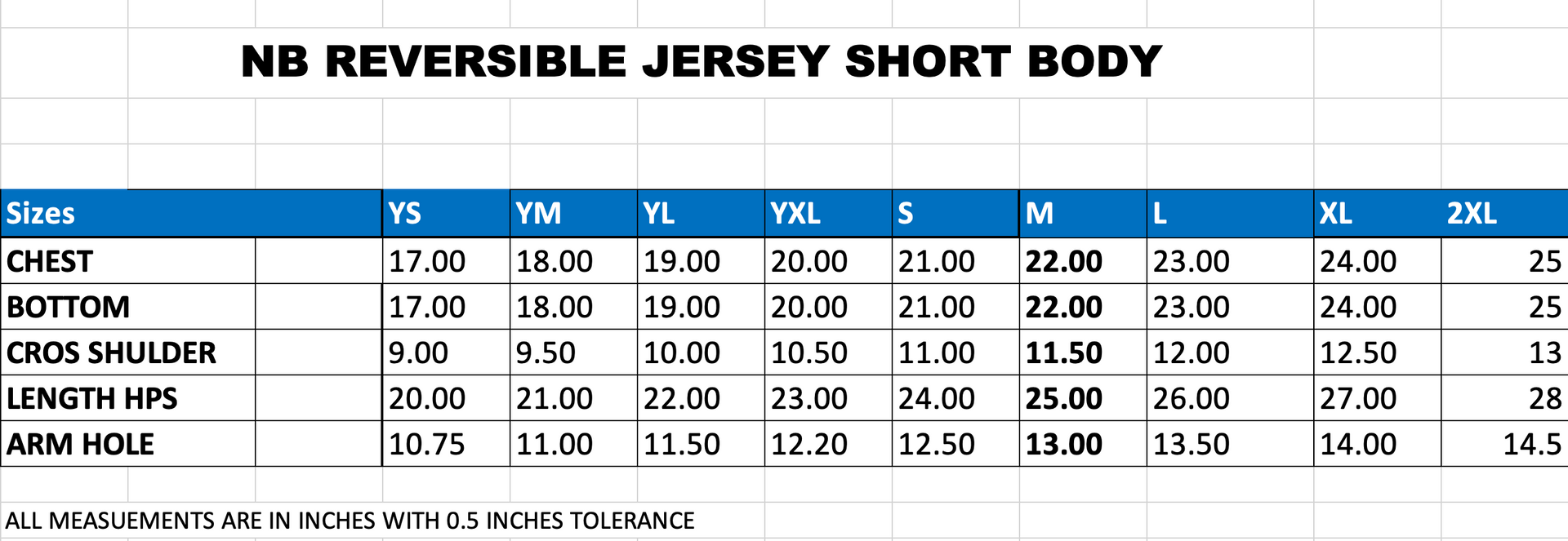 Size chart for a reversible jersey short body with measurements in inches for chest, bottom, cross shoulder, length hips, and arm hole, ranging from YS to 2XL.