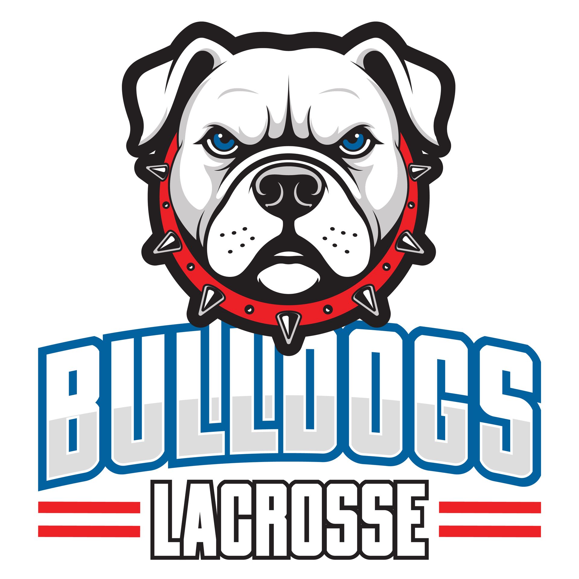 Bulldog mascot with a red spiked collar above the word 