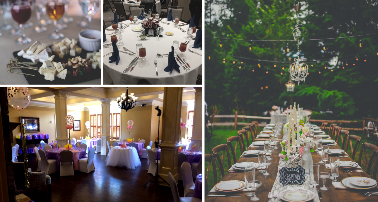 Elegant wedding reception setup with white tablecloths, floral centerpieces, string lights.