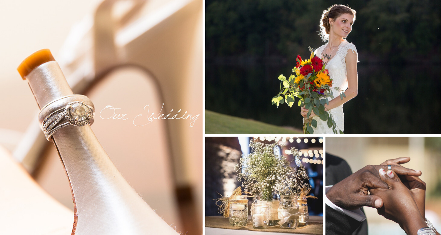 Wedding collage: perfume bottle, bride holding bouquet outdoors, cake table, and wedding rings on hands