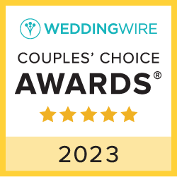 WeddingWire Couples’ Choice Awards badge with five stars and “2023” on a white and gold background