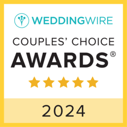 WeddingWire Couples’ Choice Awards badge with five gold stars and “2024” on a white background