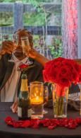 Person at a candlelit table with red roses, holding a glass in front of a window with city lights