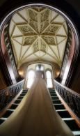 Grand staircase in a historic hall with an ornate vaulted ceiling and arched windows above