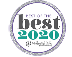 Circular “Best of the Best 2020” award badge in purple, gray, and teal for wedding and party services