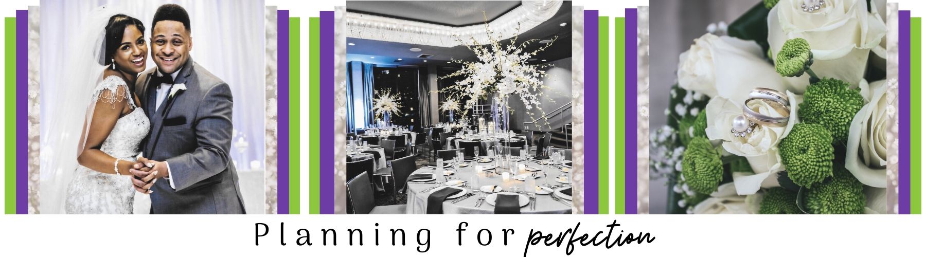 Wedding collage with couple, reception hall, and white rose bouquet in purple and green accents
