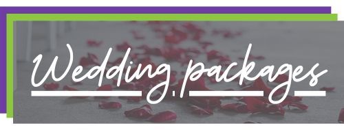 White cursive “Wedding packages” on a gray banner with green and purple accents and floral background