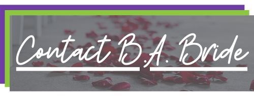 Contact B.A. Bride on a purple and gray banner with white script text